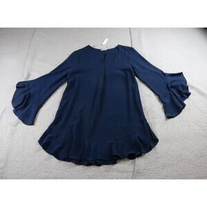 New Max Studio Blouse Large Blue Bell Sleeve Ruffle Trim Bottom V Neck Top Boho